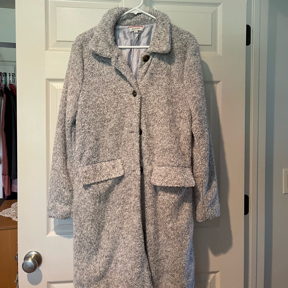 Super cute long fuzzy trench coat!!